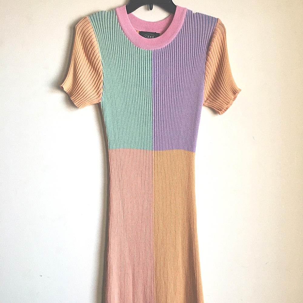 CIDER Colorblock Stretch Knit Pastel Dress Short Sleeve Mini NEW! NWT Pink Teal
